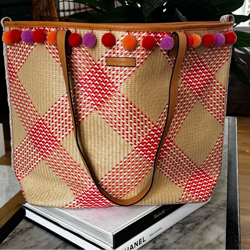 Vera Bradley Beach Tote Woven Coral with Pom Poms Excellent Like New Condition
